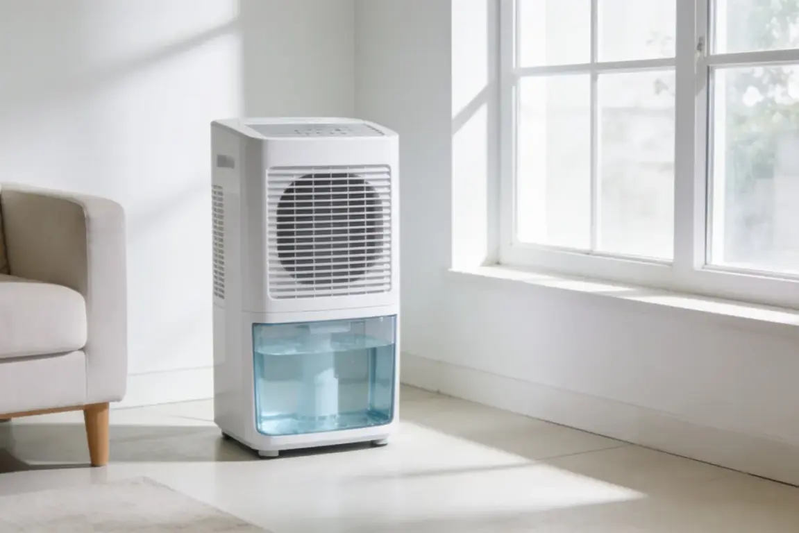 White dehumidifier with a water tank in a bright living room corner near a window