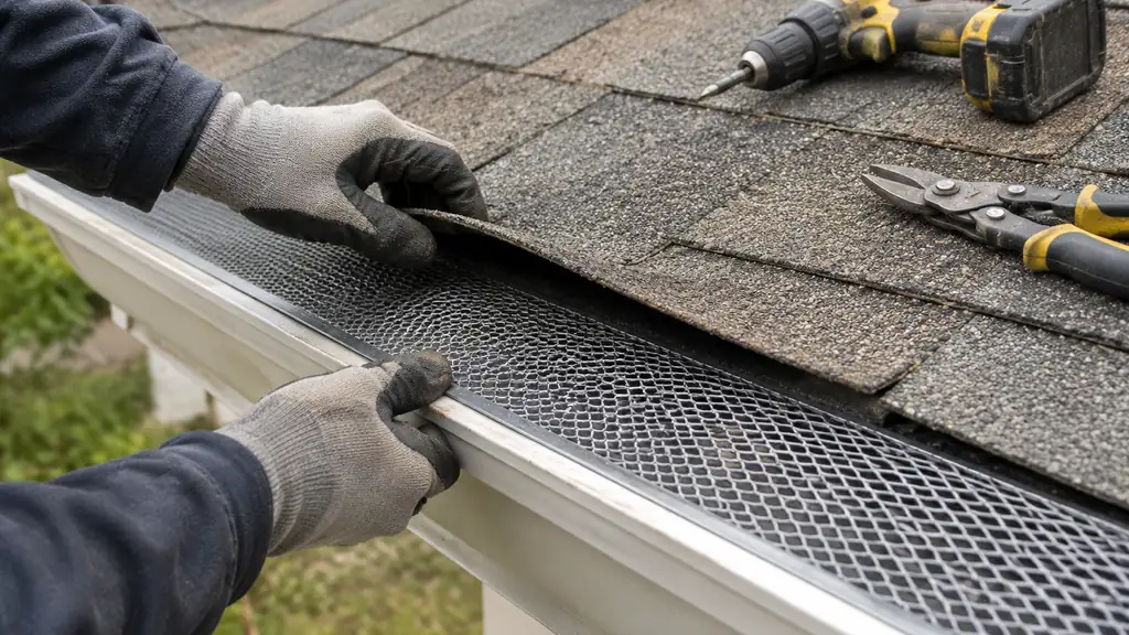 Sliding the back edge of a gutter guard under shingles