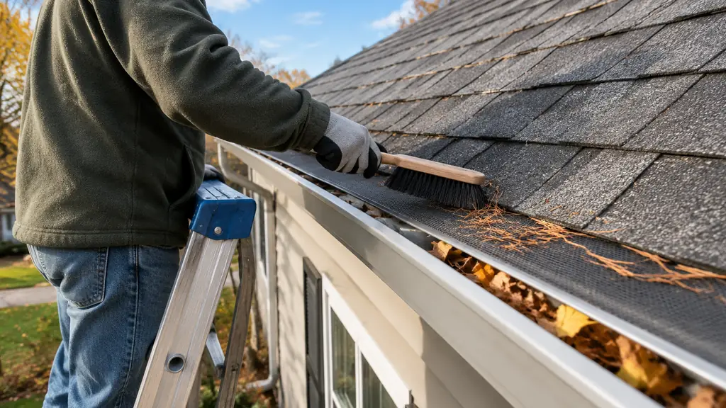 Brushing debris off a mesh gutter guard