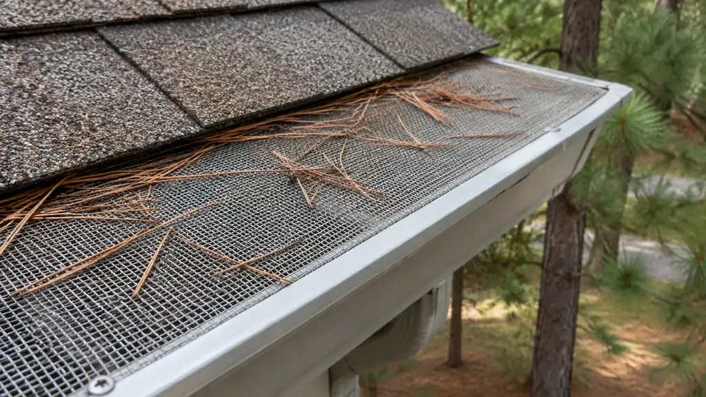Micro mesh gutter guard holding pine needles on a roof edge