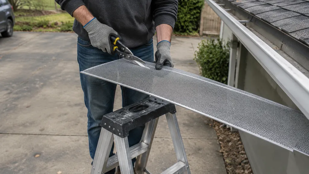 Cutting a micro mesh gutter guard panel to length with tin snips