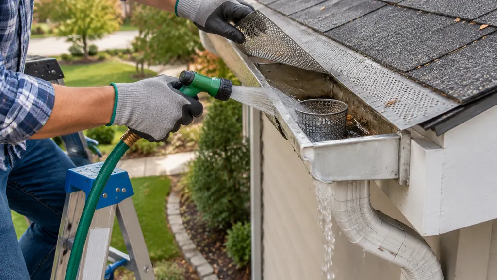 Lifting a removable gutter guard section to clean the downspout screen