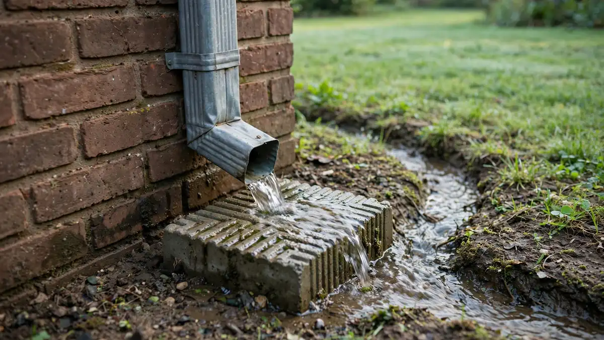 Concrete splash block under a downspout beside a brick wall