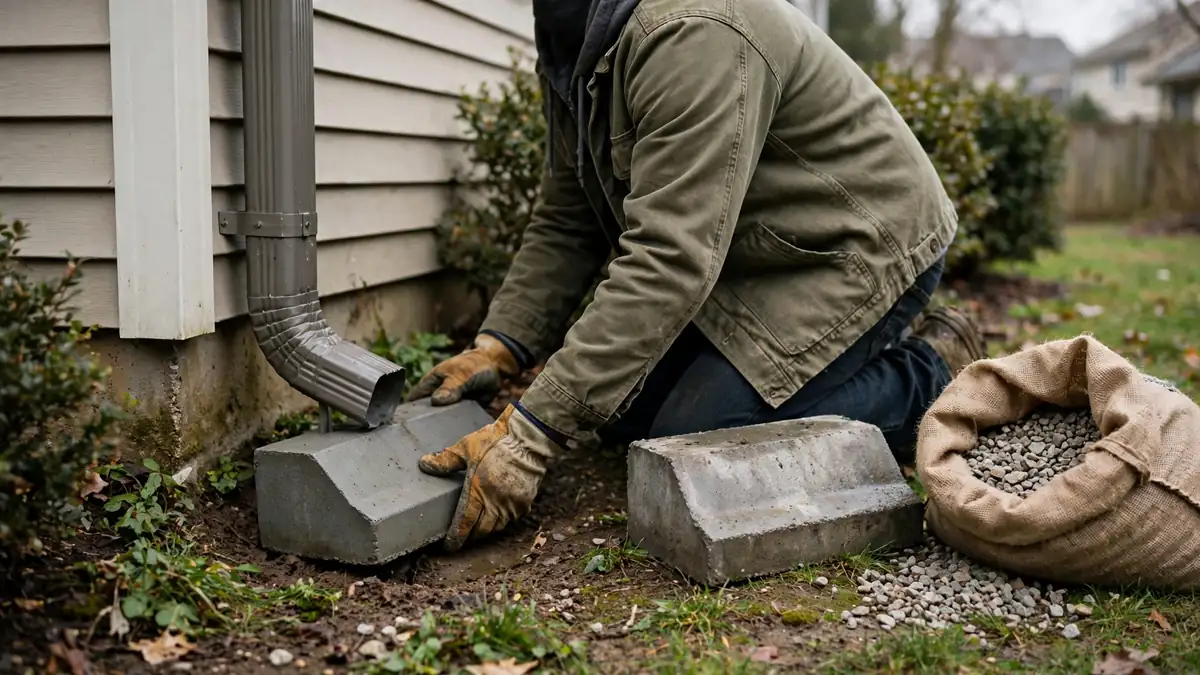 Homeowner setting a concrete splash block under a downspout
