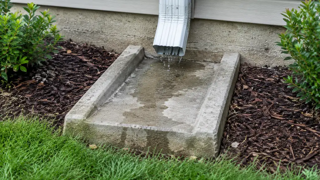 Concrete splash block under a downspout outlet