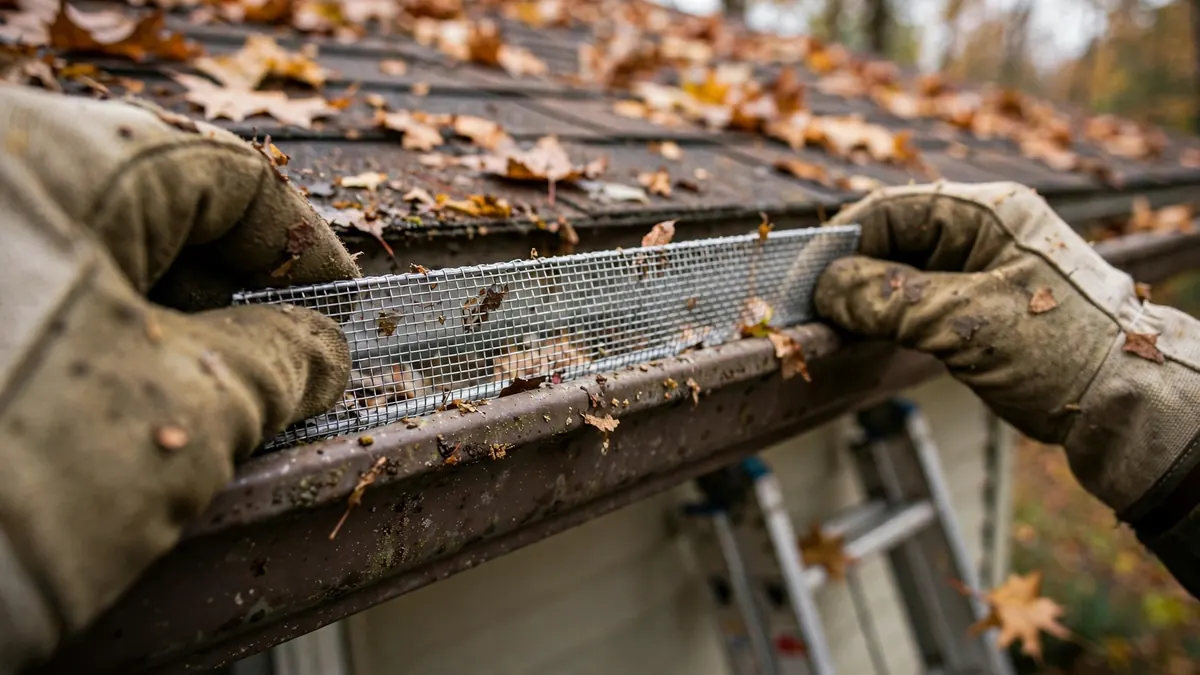 Hands installing mesh gutter guard on a rain gutter
