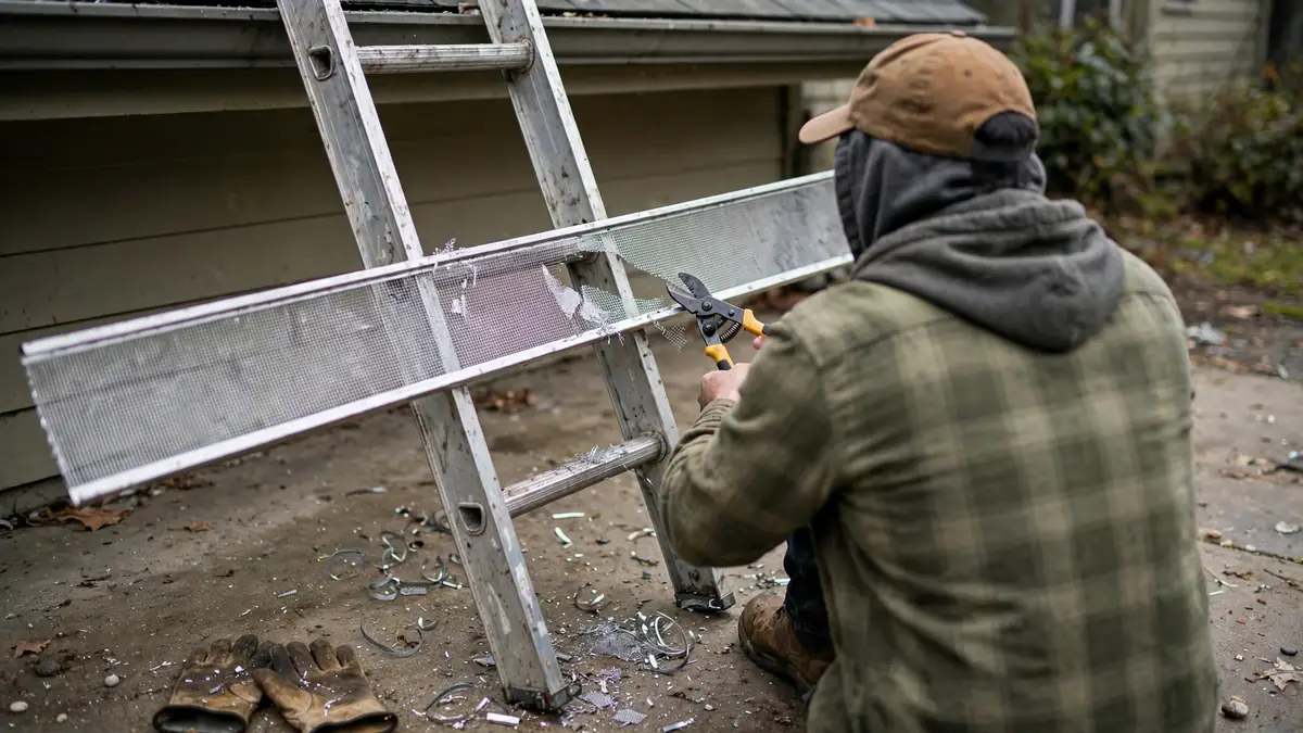 Cutting micro-mesh gutter guard panel with tin snips