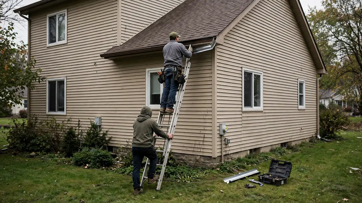 Worker installing reverse curve gutter covers on a two-story house