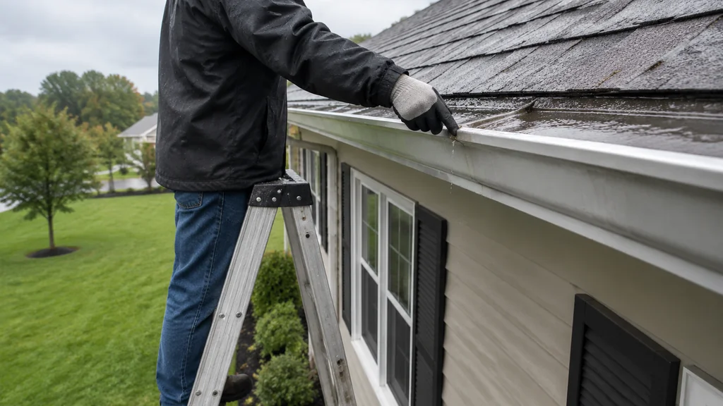 Hand checking a wet gutter seam for a leak
