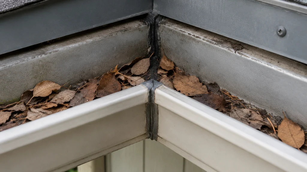 Gutter corner with old sealant and trapped debris