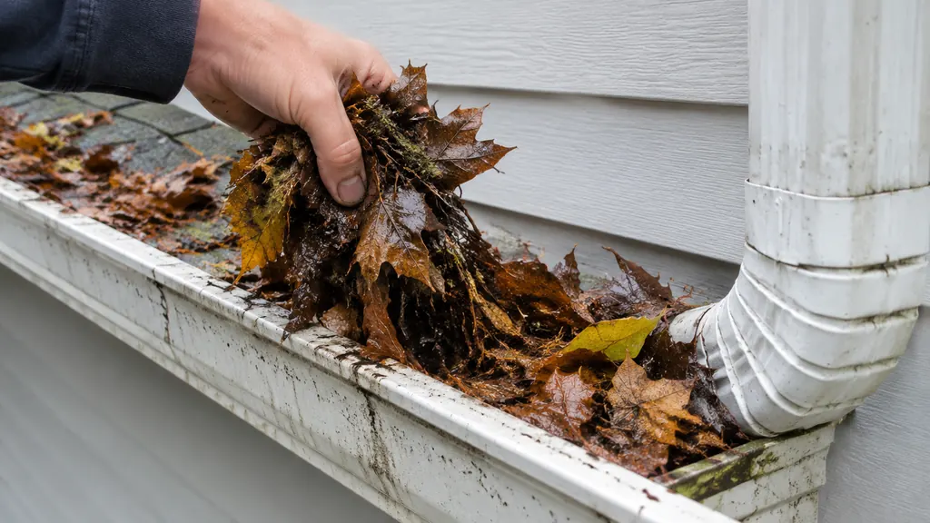 Hand clearing wet leaves from a clogged gutter channel