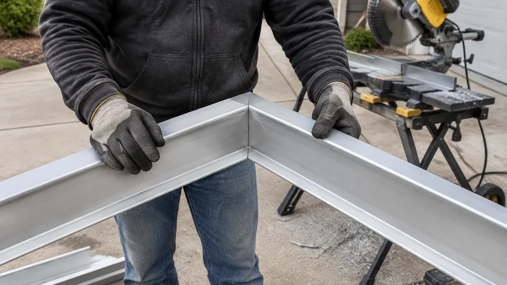 Dry-fitting two cut aluminum gutter sections into a corner miter