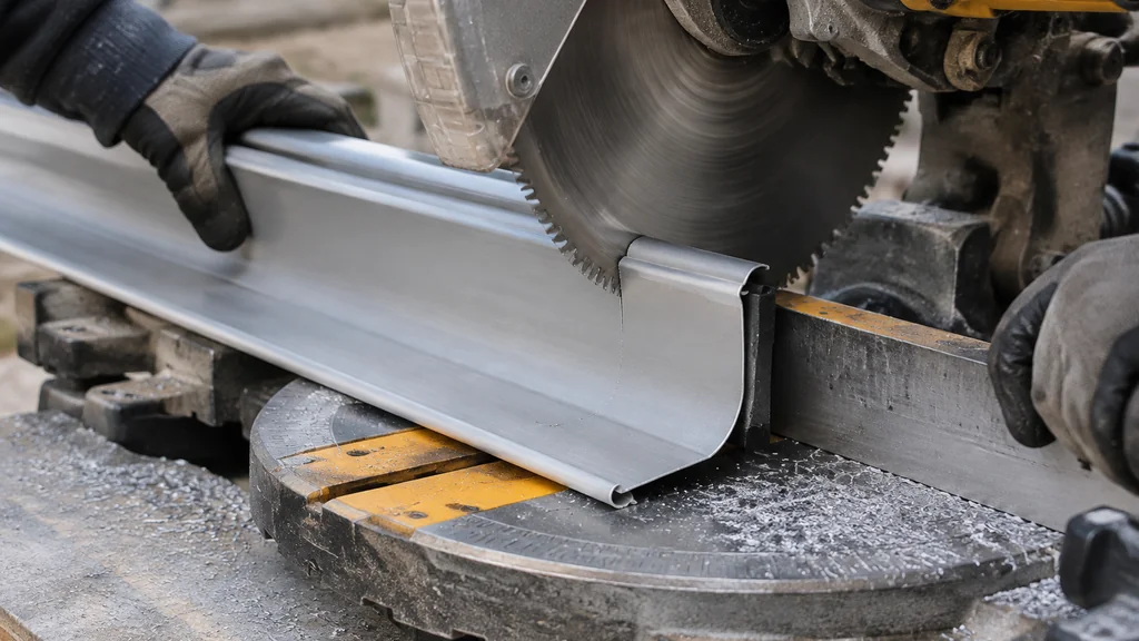 Miter saw cutting an aluminum gutter section for a corner joint