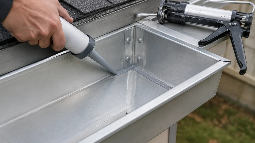 Applying gutter sealant to the inside seam of a corner miter
