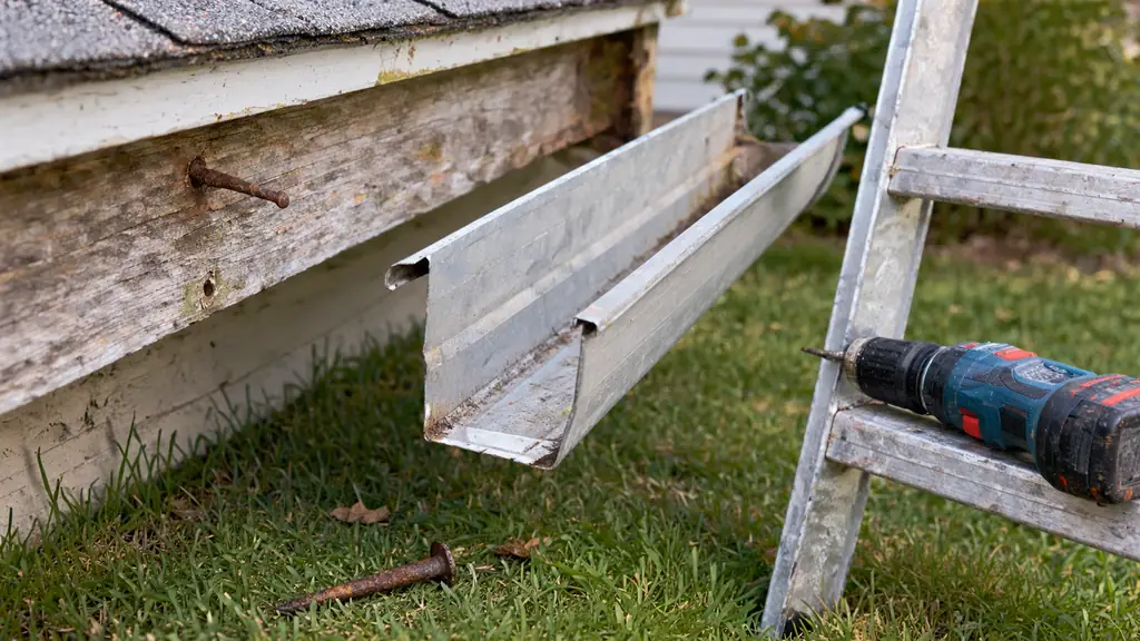 Old gutter spike pulled free from rotted fascia board