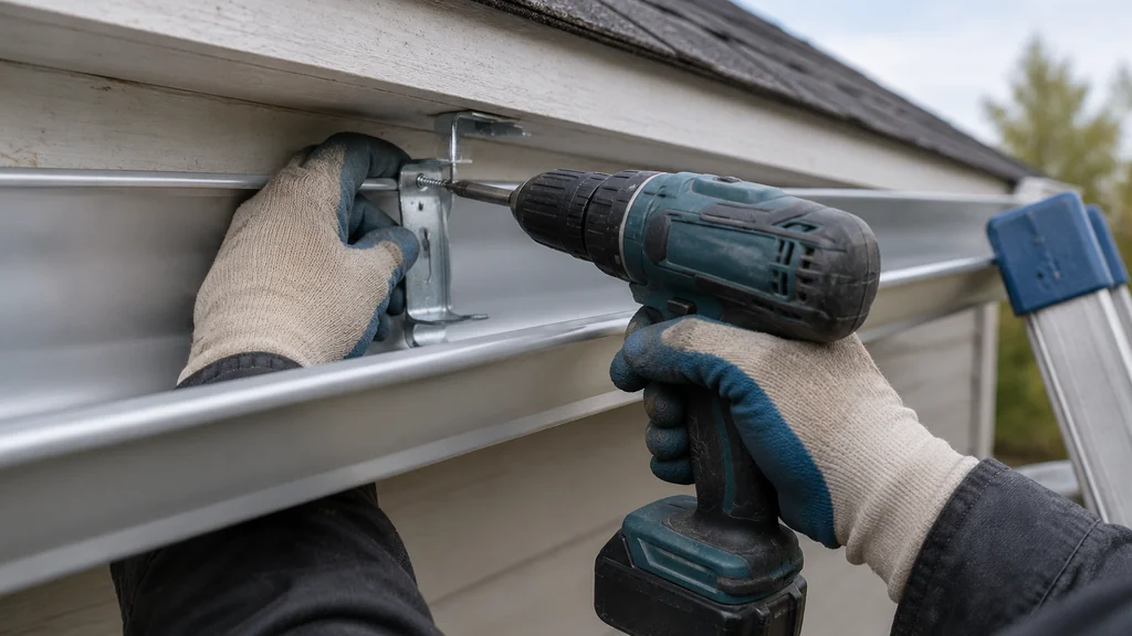 Installing a hidden gutter hanger bracket with a cordless drill