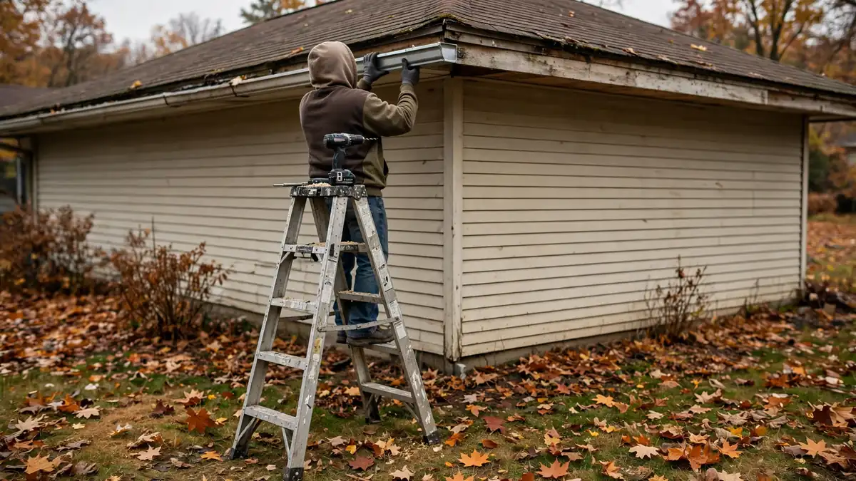 Homeowner fitting an aluminum gutter section to a fascia board