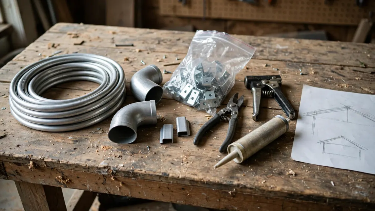 Gutter parts and tools laid out on a workbench