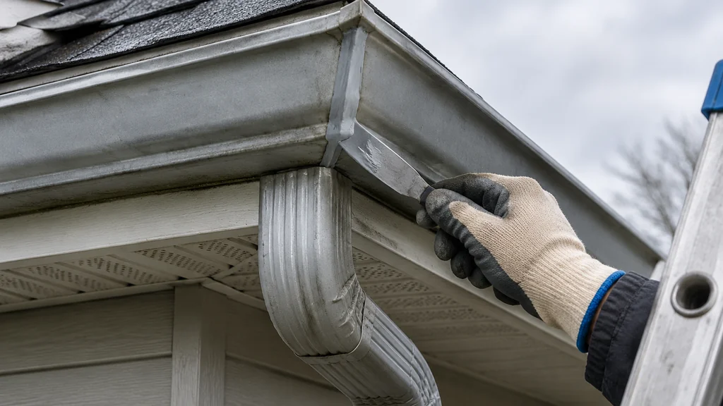 Hand applying gutter seam sealer to a leaking metal gutter joint