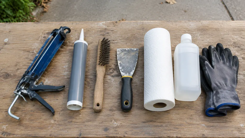 Tools and materials for sealing gutter seams laid out on a work surface