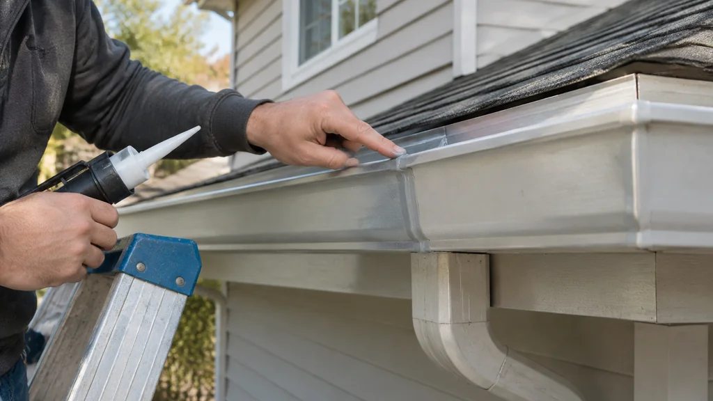 Smoothing a fresh bead of gutter seam seal with a wet finger