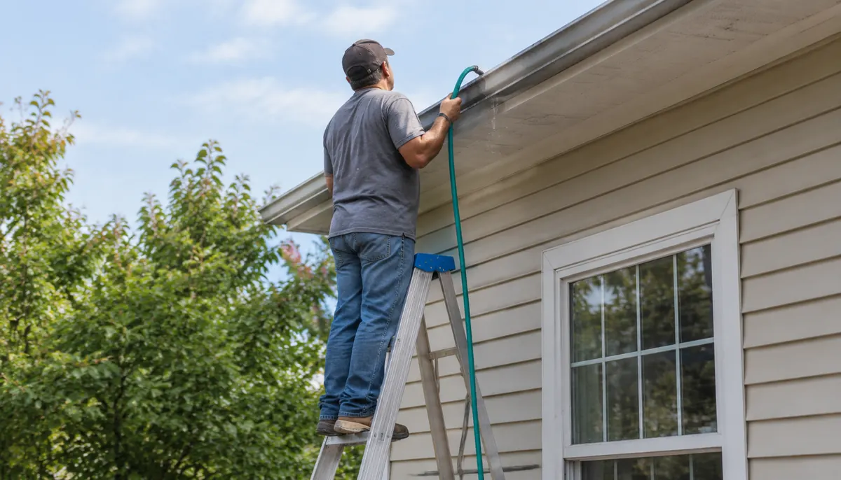 Homeowner on a ladder checking a gutter run for leaks
