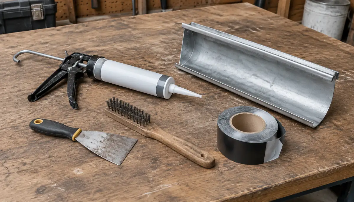Gutter repair supplies including sealant, caulking gun, scraper and flashing tape