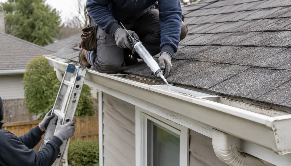 Contractor sealing a gutter seam on a house roof edge