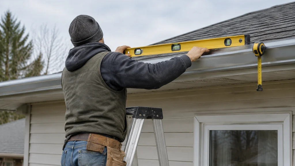 Checking gutter slope with a level and tape measure