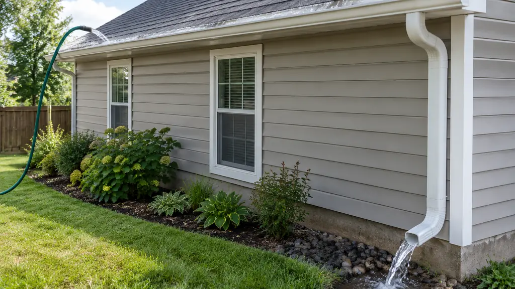 Testing gutter slope by running water from a hose
